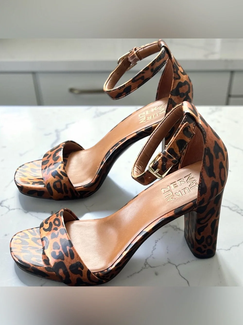 Naturalizer Square Toe Leopard Print Block Heel Sandals with Ankle Strap